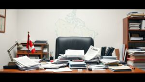 Een rommelig Canadees kantoor met verspreide documenten en een vlag.