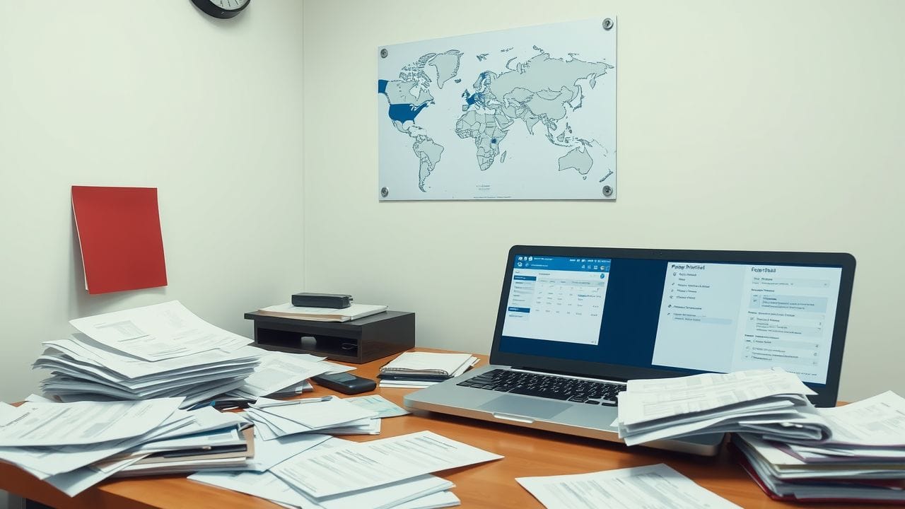 Een rommelig kantoor met een open laptop en een wereldkaart.