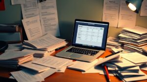 Een rommelig kantoorbureau met Duitse arbeidswetten en loonadministratie.