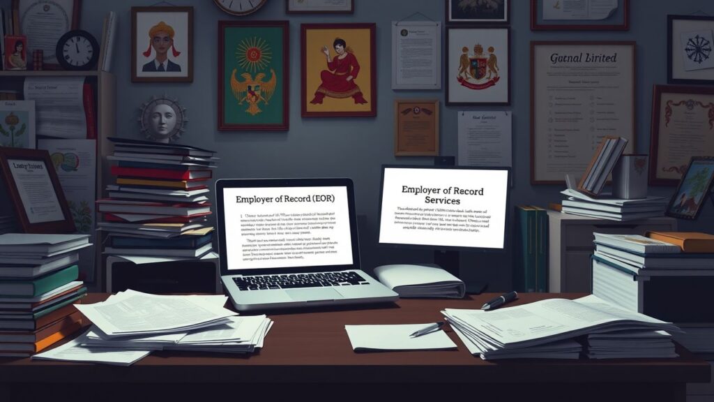 Een rommelige werkruimte in de Filipijnen met EOR-services op laptop.