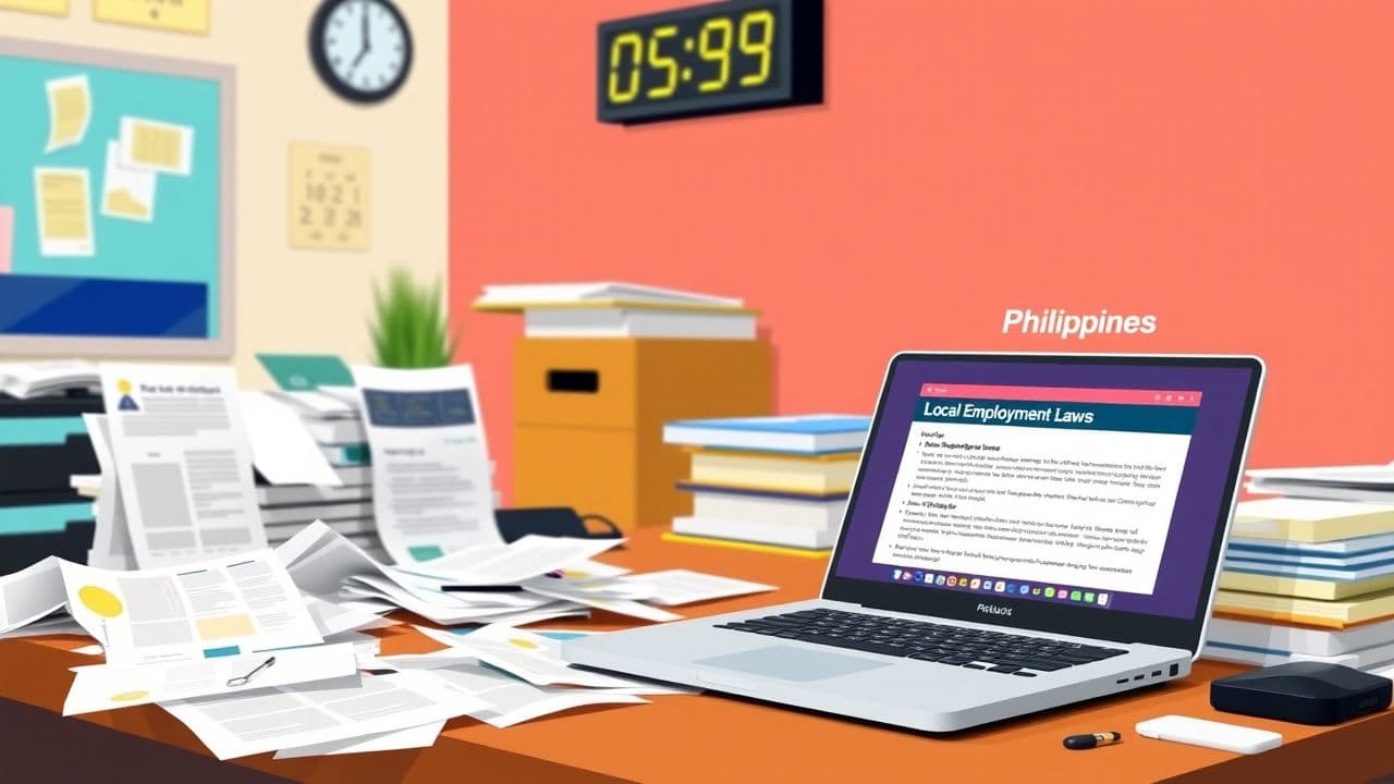 Een rommelig kantoor in de Filipijnen met open laptop en papierwerk.