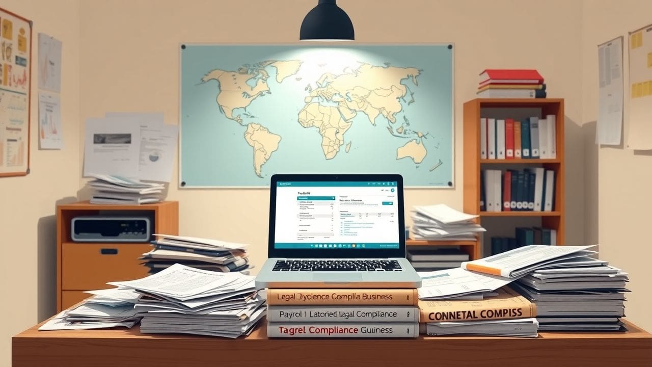 Een internationaal zakelijk kantoor met diverse documenten en wereldkaart.
