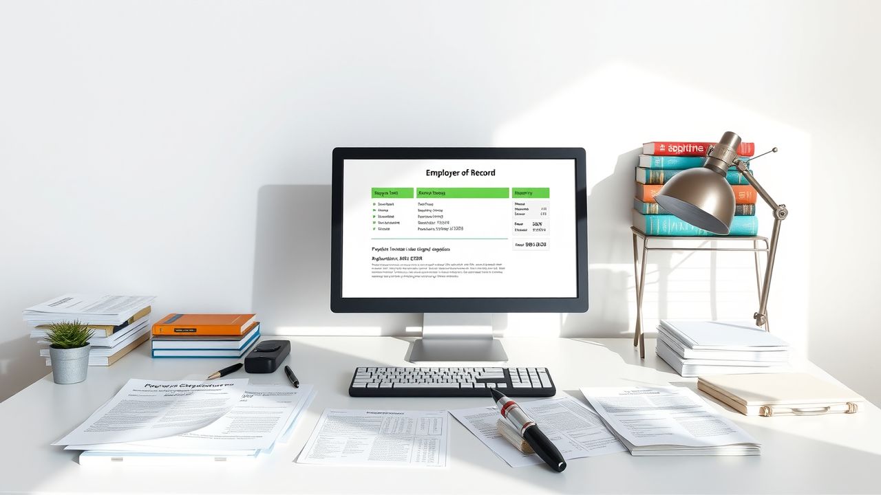 Een kantoorbureau in Italië met documenten en een computer die de naleving van de werkgever van het registratierecord (EOR) weergeeft. Een kantoorbureau in Italië met documenten en een computer die de naleving van de werkgever van het registratierecord (EOR) weergeeft.