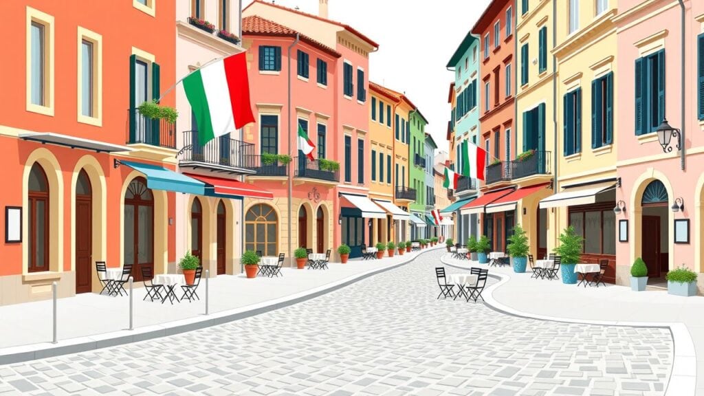 Een levendige Italiaanse straatscène met traditionele gebouwen, cafés en vlaggen.