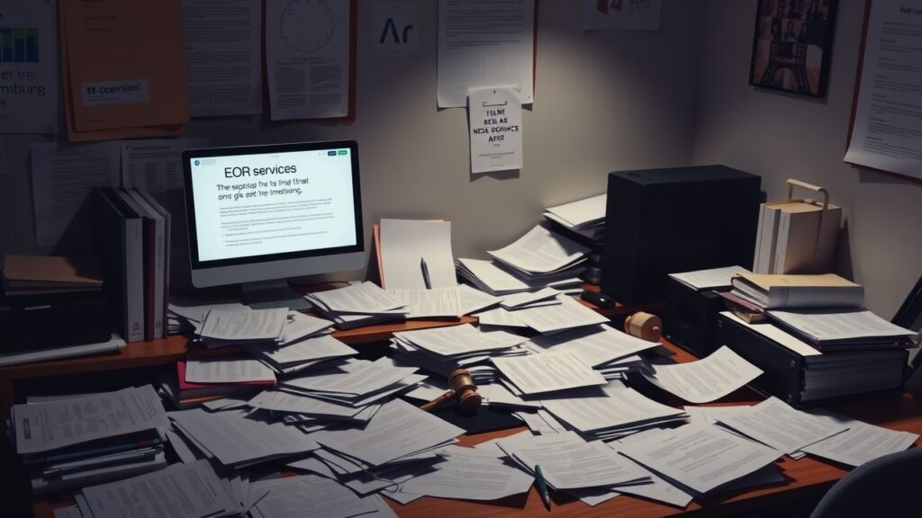 Een rommelig kantoorbureau met papierwerk en juridische documenten in Luxemburg.