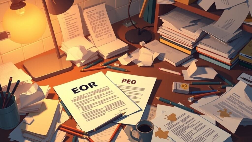 Een rommelig kantoorbureau met overvolle papieren, contracten en koffievlekken.