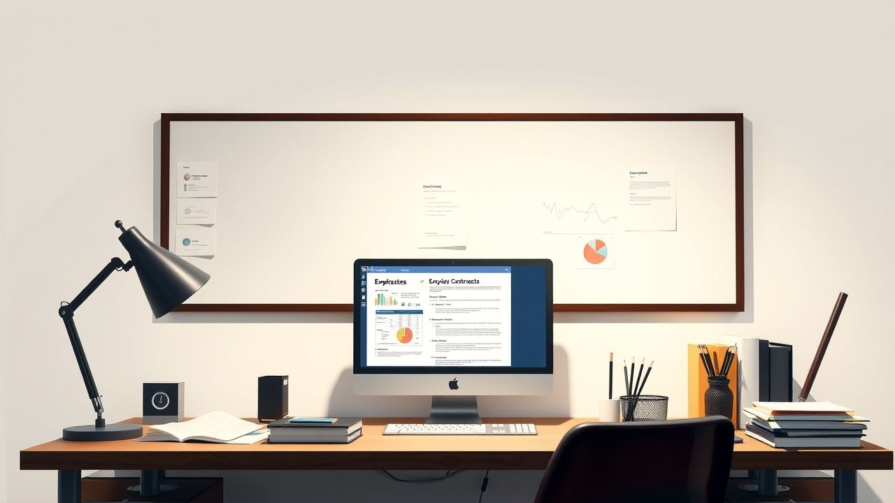Een georganiseerde kantoorwerkruimte met documenten en een computer.