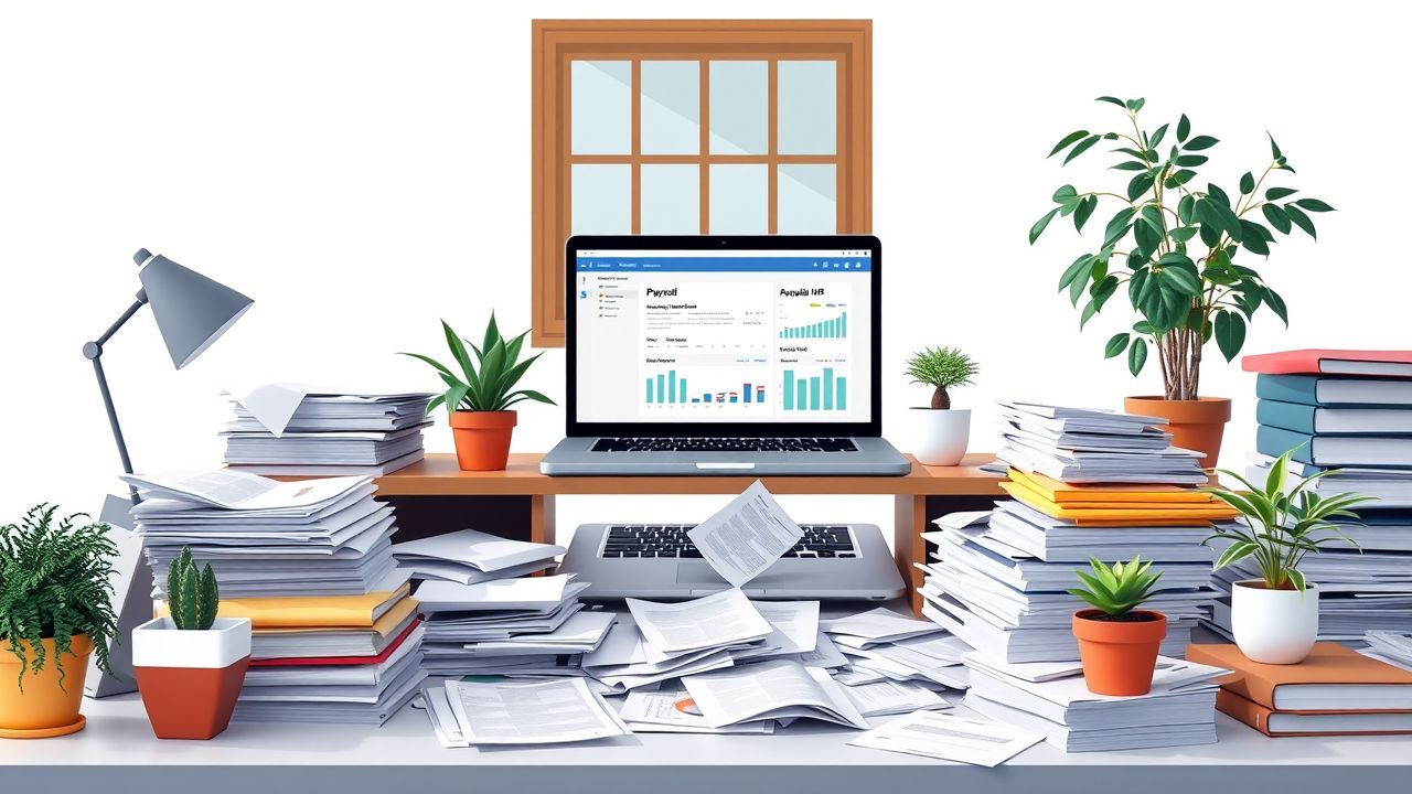 Een rommelig kantoorbureau met papierwerk, laptop en planten.