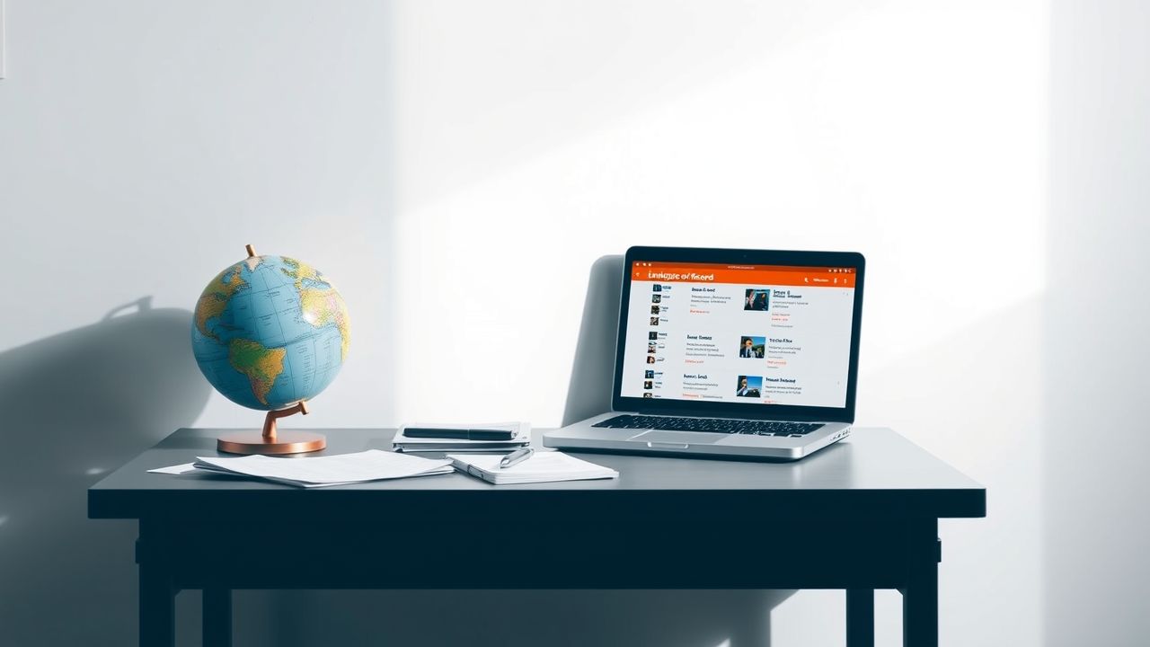 Een wereldwijd georganiseerde werkplek met een open laptop en een globe.