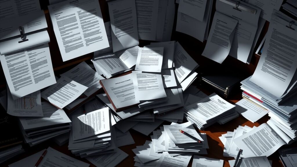 Een rommelig kantoorbureau met papieren en contracten.